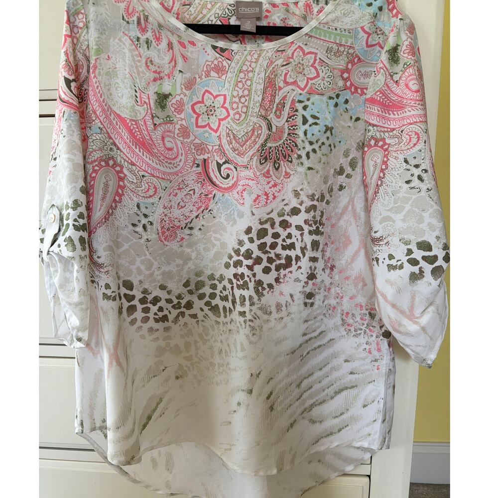 Chico's Floral Blouse Women's Size Large 2 Pink Green Animal Print Sheer Top - Picture 4 of 7
